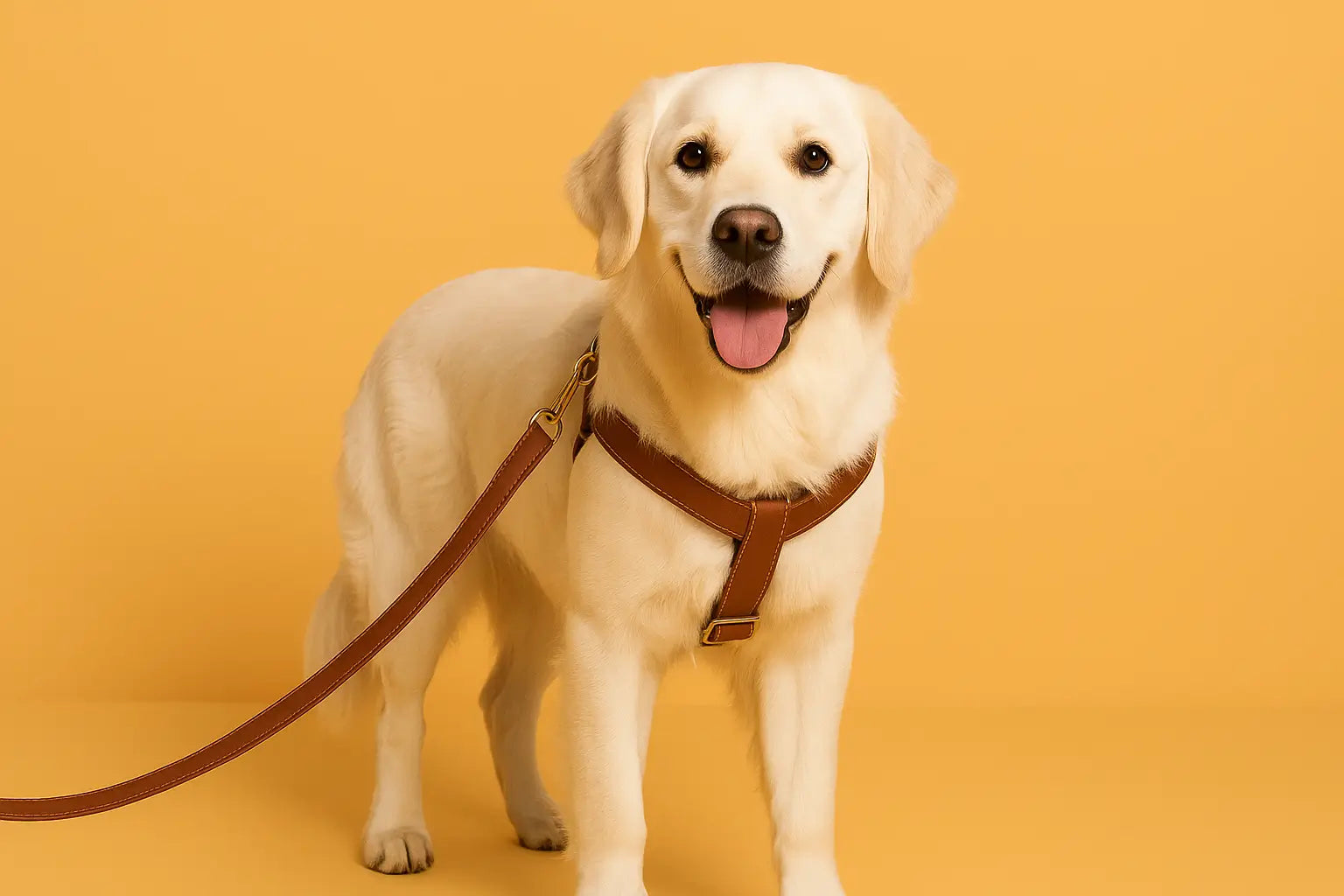 Golden Retriever prêt pour la promenade, équipé d’un harnais confortable et d’une laisse robuste – boutique d’accessoires pour chien tendance et utiles