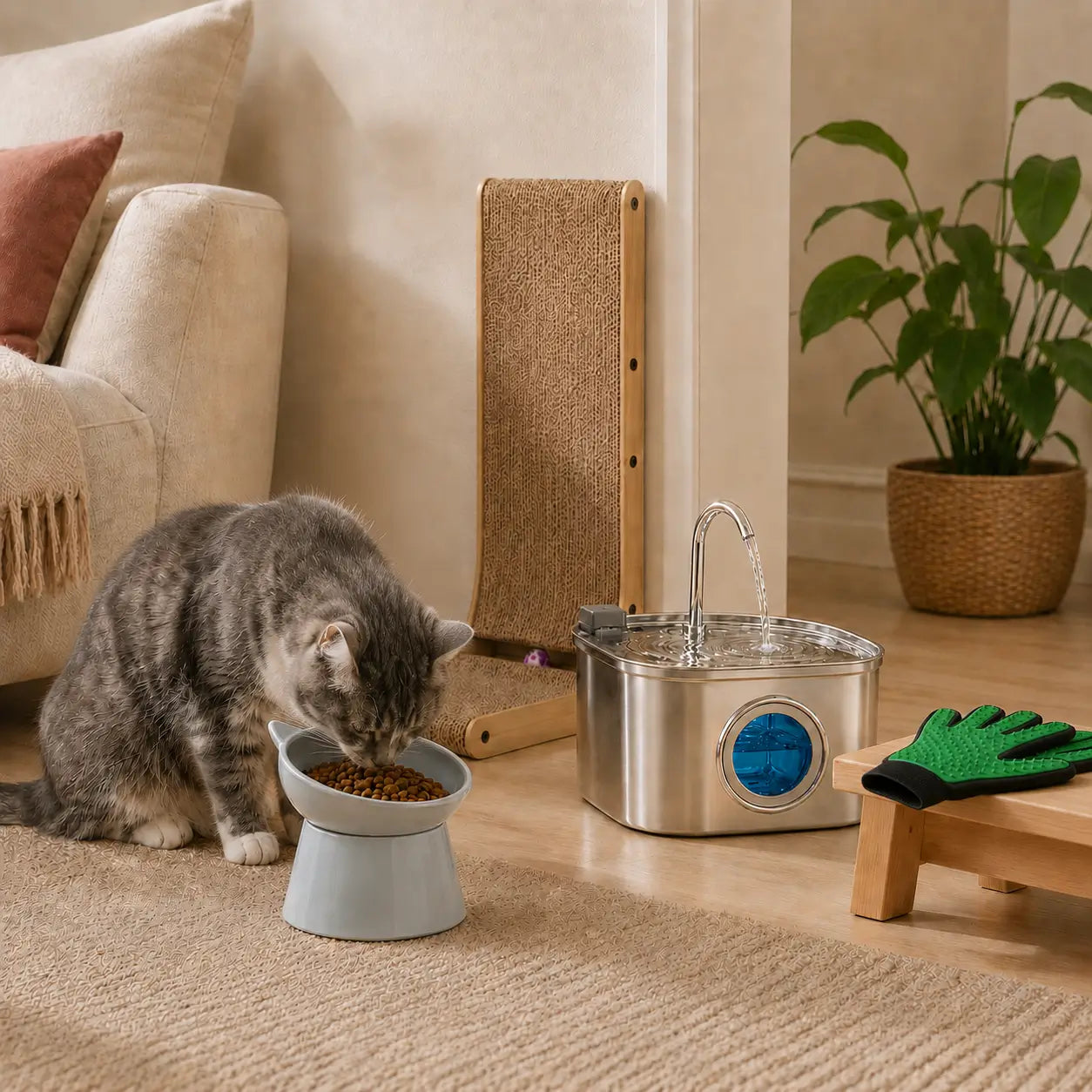 Chat senior dans un intérieur lumineux avec gamelle surélevée, fontaine à eau inox, griffoir mural et gant de toilettage.