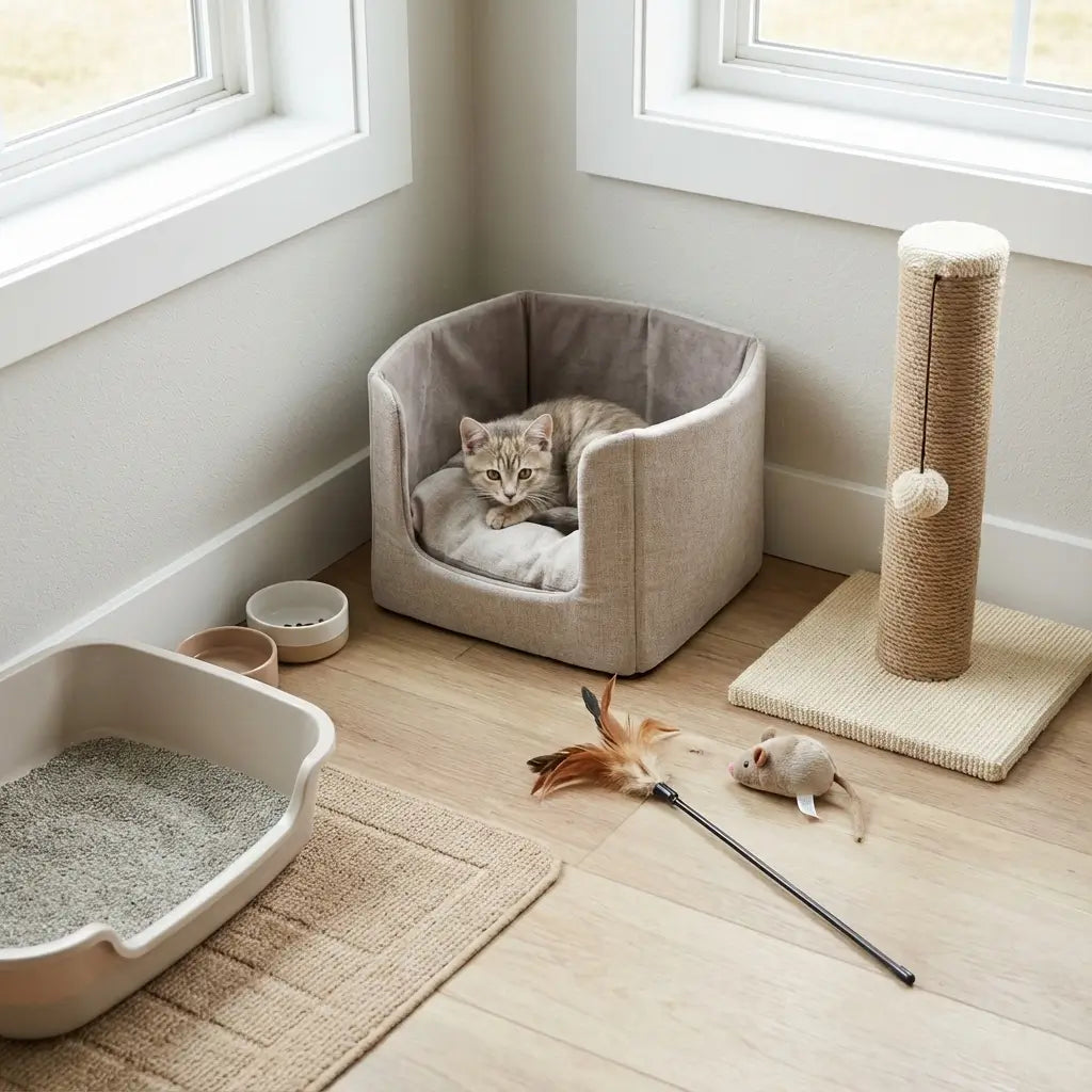Accessoires indispensables pour chaton avec couchage, litière, gamelles, griffoir et jouets pour les premiers jours à la maison