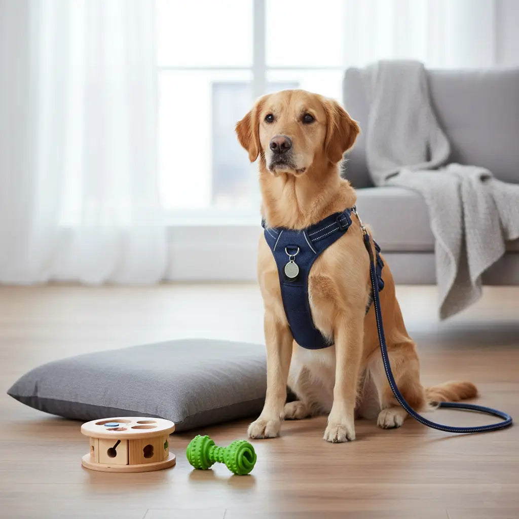 Accessoires pour chien du quotidien : harnais et laisse pour la promenade,
coussin confortable pour la maison et jouets interactifs pour la stimulation mentale.