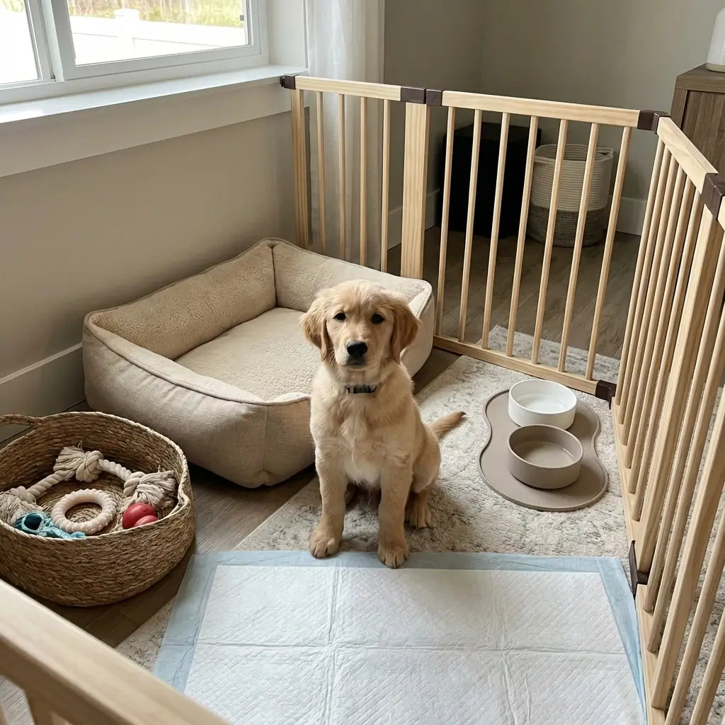 Accessoires indispensables pour chiot avec panier confortable, jouets éducatifs, gamelles et espace sécurisé pour les premiers mois