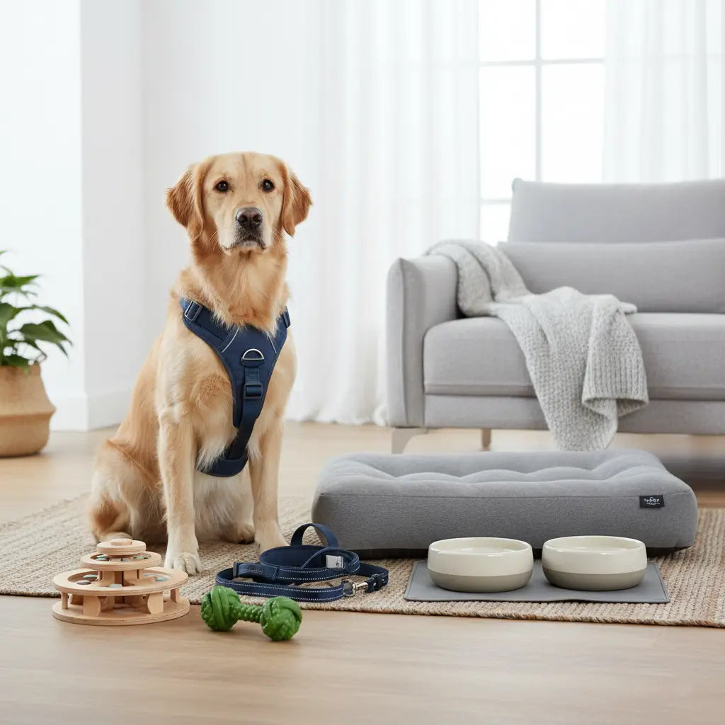 Accessoires indispensables pour chien : harnais, laisse, gamelles,
couchage confortable et jouet interactif pour le bien-être quotidien.
