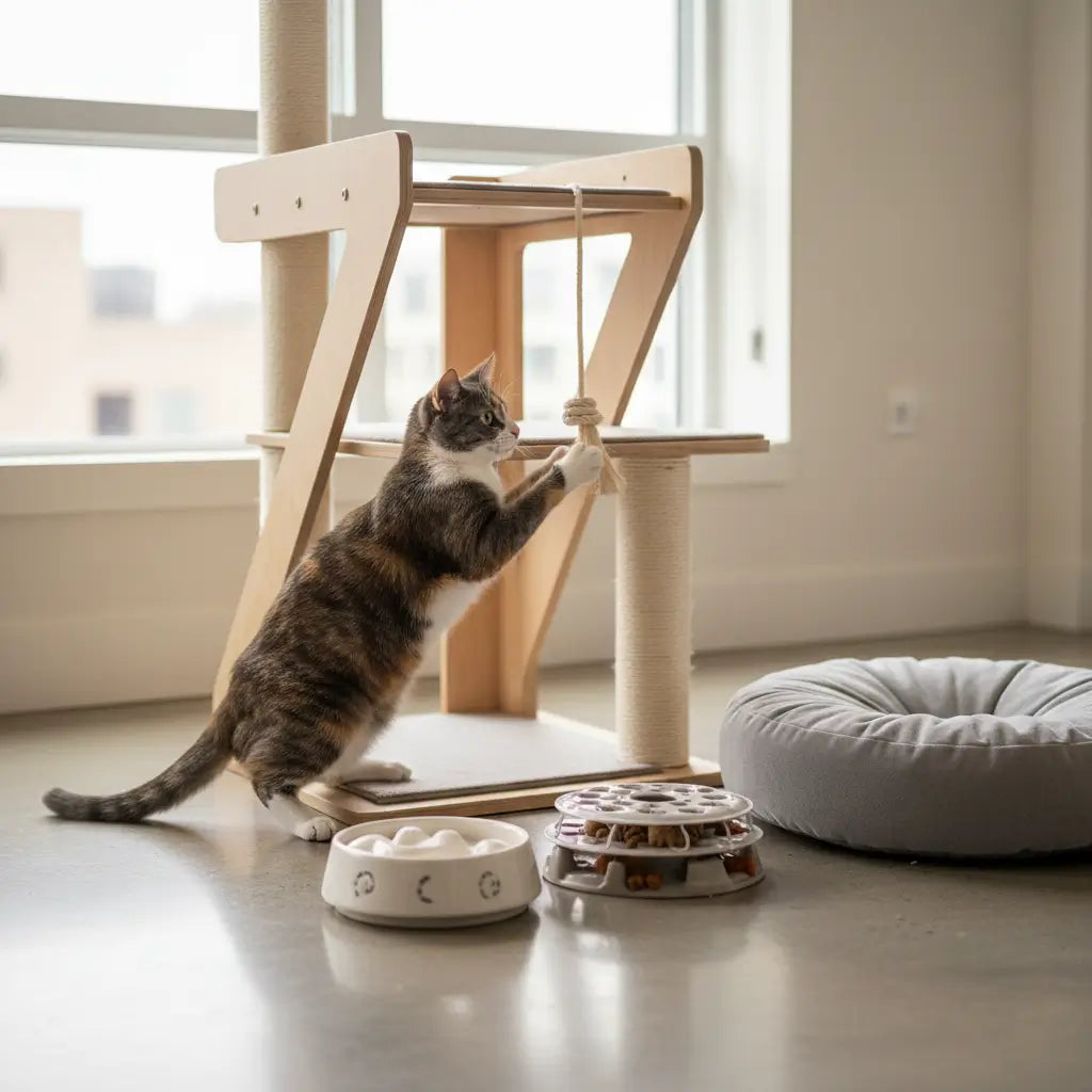 Accessoires pour chat en intérieur : arbre à chat, gamelle anti-glouton, jouet interactif et couchage pour améliorer le bien-être quotidien du chat.