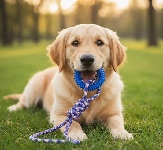 Golden Retriever tenant un anneau dentaire chien bleu en extérieur, jouet dentaire pour réduire la plaque et améliorer l’hygiène dentaire.