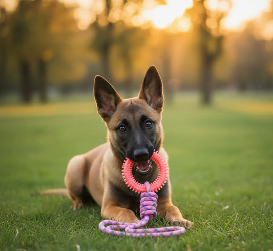 Malinois jouant avec un anneau dentaire chien rose dans un parc, jouet à mâcher pour nettoyer les dents et masser les gencives