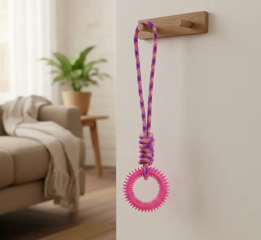 Anneau dentaire chien rose présenté dans un salon cosy, jouet à mâcher en TPR pour le nettoyage des dents.