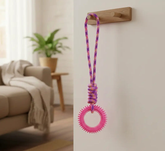 Anneau dentaire chien rose présenté dans un salon cosy, jouet à mâcher en TPR pour le nettoyage des dents.