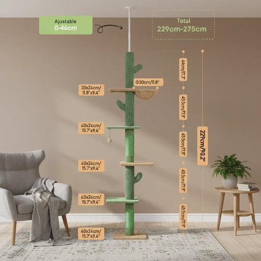 Dimensions arbre à chat 2m du sol au plafond, hauteur réglable jusqu’à 275 cm, 5 niveaux avec poteaux en sisal et base stable.
