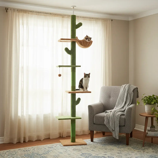 Arbre à chat 2m du sol au plafond design cactus vert dans un salon cosy avec deux chats qui grimpent et se reposent.
