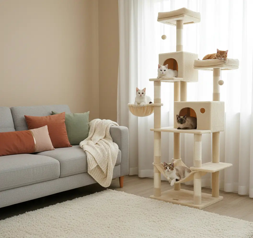 Arbre à chat beige facile à monter, stable et compact dans un salon cosy, cinq chats profitent de leurs perchoirs et hamacs en appartement.