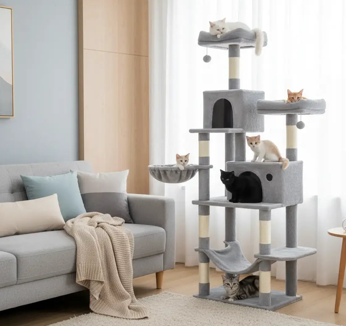 Arbre à chat facile à monter gris clair dans un salon cosy avec cinq chats qui jouent et se reposent, parfait pour appartement et petits espaces.