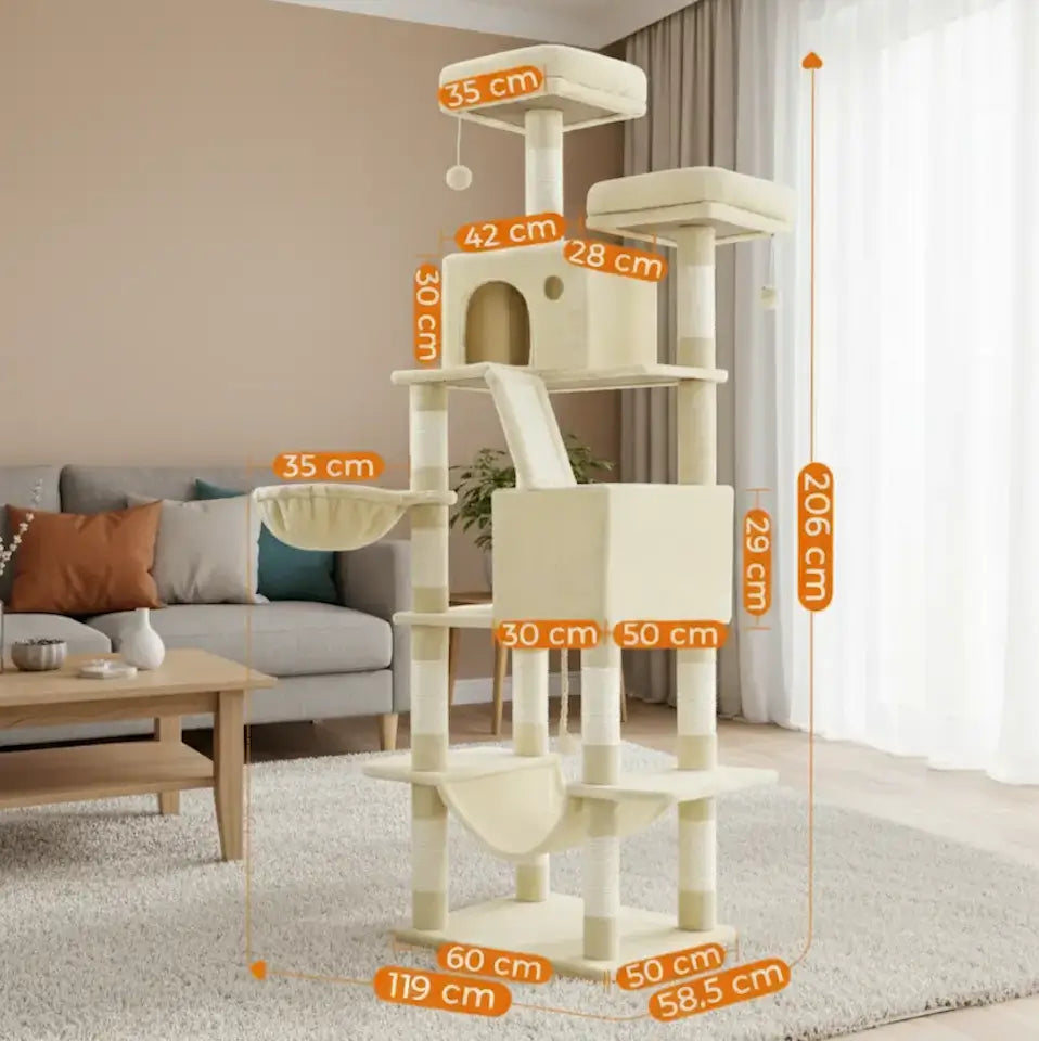 Arbre à chat géant beige stable et multi-niveaux au centre d’un salon cosy, avec les dimensions visibles. Idéal pour plusieurs chats et facile à monter.
