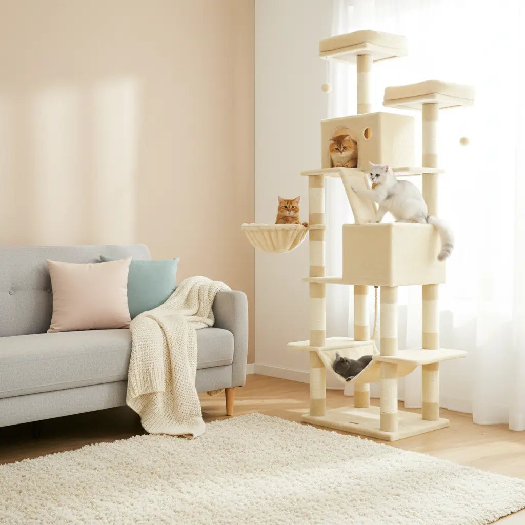 Arbre à chat géant beige stable et multi-niveaux, 4 chats dont 3 se reposent et 1 joue dans un salon lumineux.