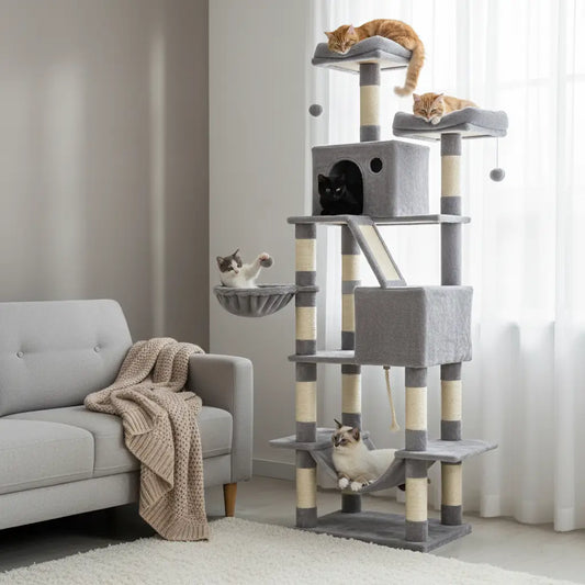 Arbre à chat géant gris clair stable et design, avec 4 chats dont 3 au repos et 1 qui joue dans un salon chaleureux.