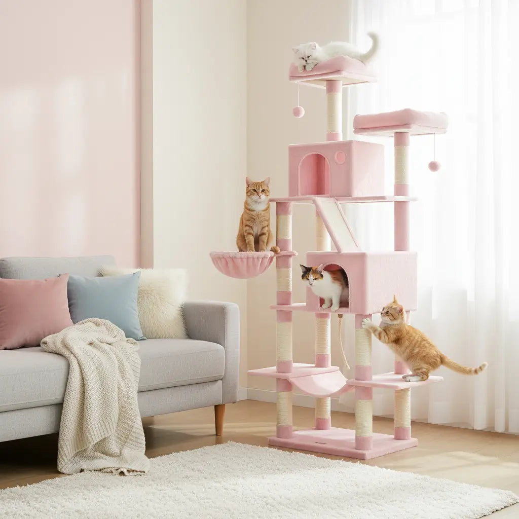 Arbre à chat géant rose stable et multi-niveaux dans un salon cosy, 4 chats dont 3 se reposent et 1 joue, parfait pour plusieurs chats et facile à monter.