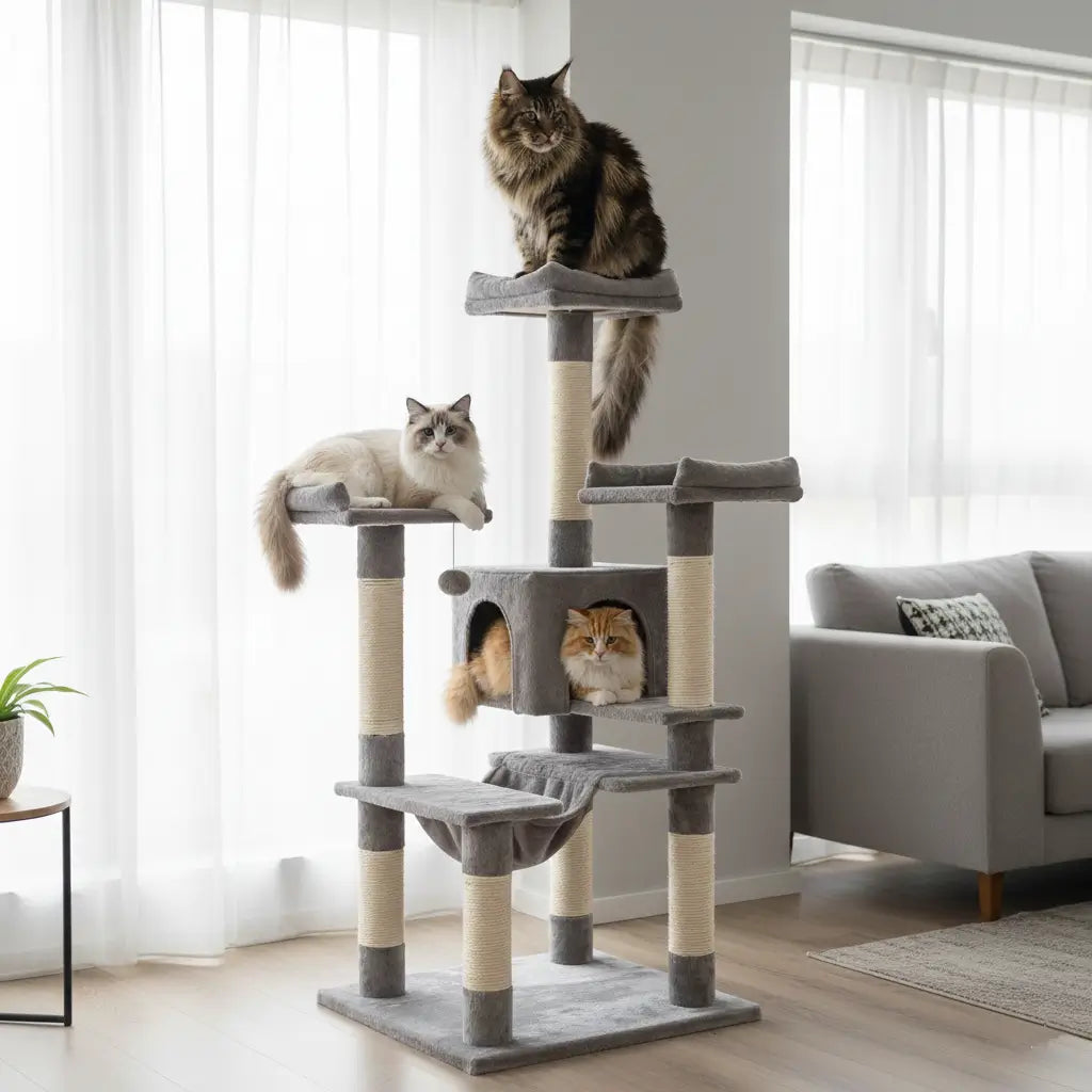 Arbre à chat géant XXL utilisé par un Maine Coon et des gros chats adultes, avec plateformes larges et structure stable, adapté aux grands chats et au territoire vertical
