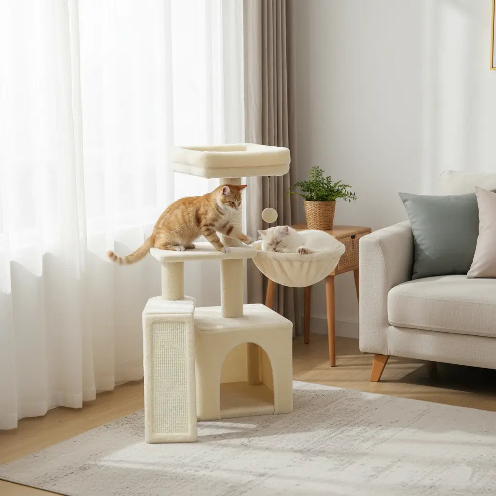 Arbre à chat pas cher beige, stable et moelleux, avec deux chats dans un salon cozy : l’un dort paisiblement, l’autre joue avec le pompon. Idéal petit espace.