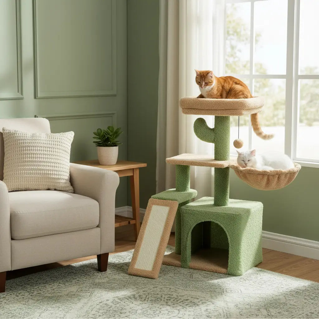 Petit arbre à chat pas cher vert au design élégant, avec deux chats qui se reposent dans un salon cocooning. Modèle stable et compact pour appartement.