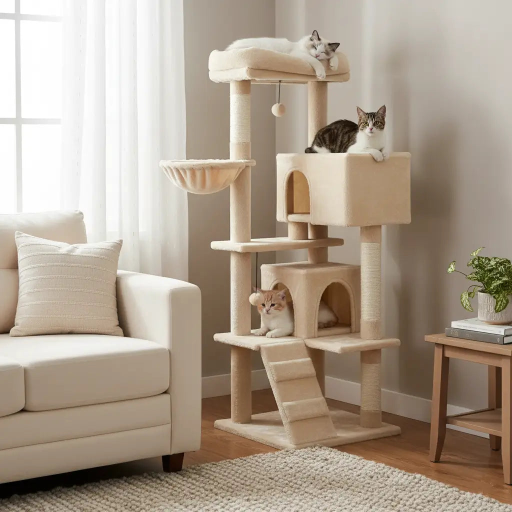 Arbre à chat XXL beige crème pour gros chats Maine Coon et Ragdoll, stable et spacieux, trois chats adultes se reposent dans un salon cozy.