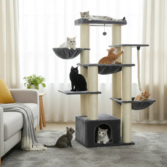 Arbre à chat pour Maine Coon gris et beige, grand modèle XXL stable et robuste, idéal pour plusieurs grands chats. Confortable et design, parfait pour le repos des chats dans un salon cosy.
