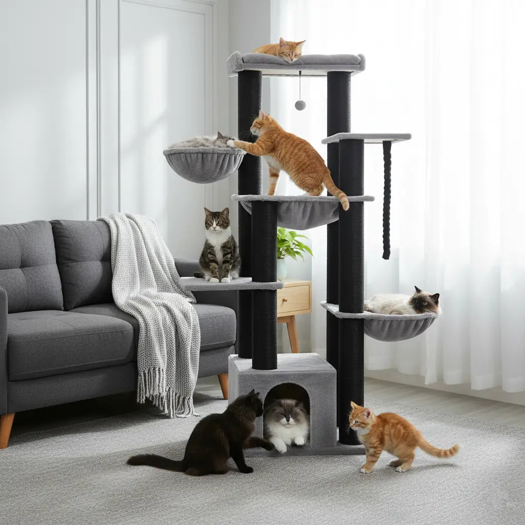 Arbre à chat géant gris et noir pour Maine Coon, structure XXL robuste et stable, adapté à plusieurs grands chats d’intérieur.