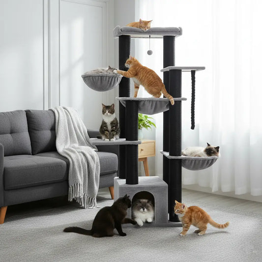 Arbre à chat géant gris et noir pour Maine Coon, structure XXL robuste et stable, adapté à plusieurs grands chats d’intérieur.