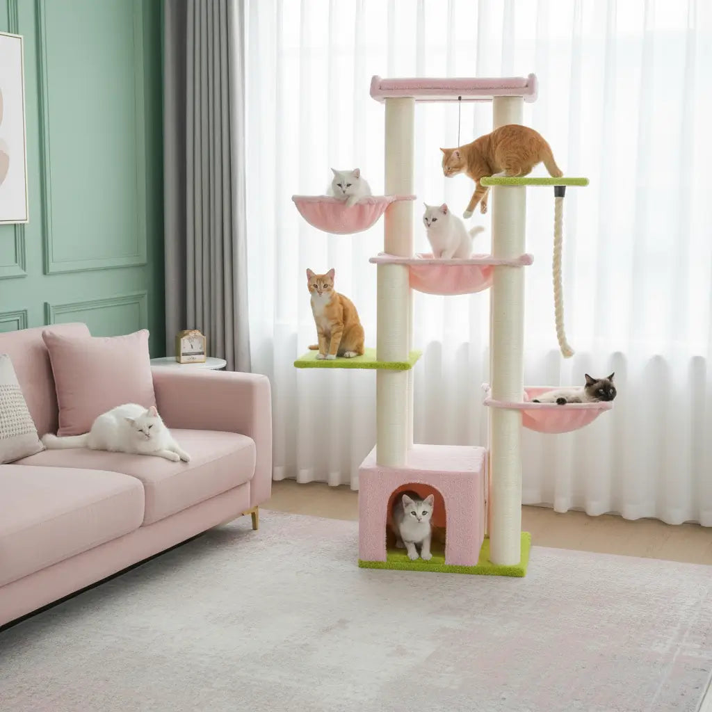 Arbre à chat pour Maine Coon rose et vert, design XXL élégant et robuste, idéal pour grands chats et intérieurs modernes.