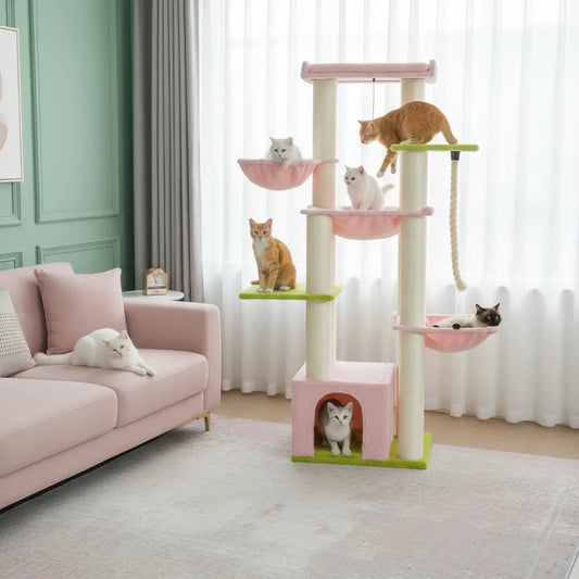 Arbre à chat pour Maine Coon rose et vert, design XXL élégant et robuste, idéal pour grands chats et intérieurs modernes.