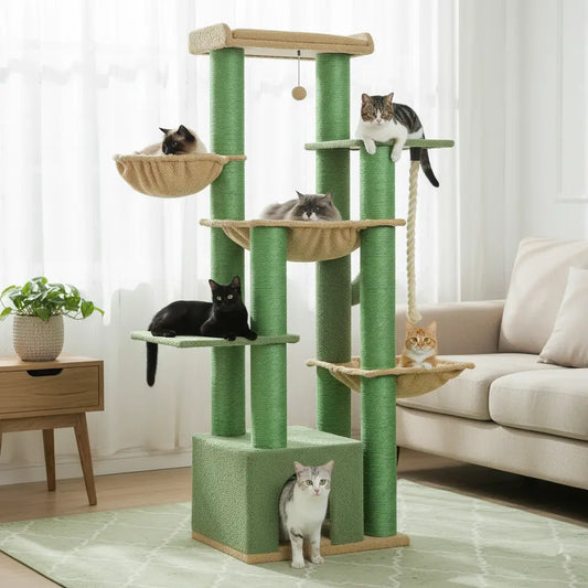 Grand arbre à chat vert pour Maine Coon, modèle XXL multi-niveaux, stable et design, parfait pour foyers multi-chats.