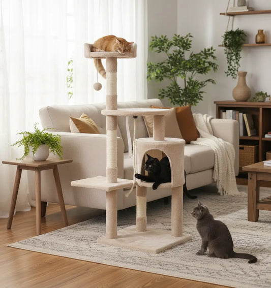 Arbre à chat beige robuste et stable multi-niveaux avec griffoirs en sisal, condo rembourré et corde à jouer, idéal pour plusieurs chats.