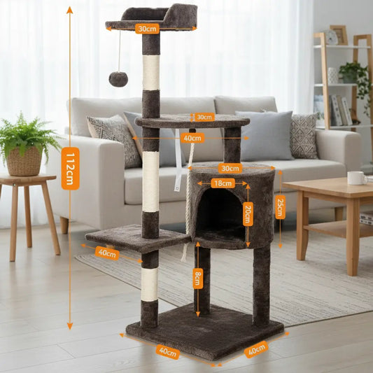 Arbre à chat marron foncé de 112 cm avec plateformes multi-niveaux, condo rembourré, poteaux en sisal naturel et corde à jouer, affichant les dimensions détaillées pour un usage intérieur.