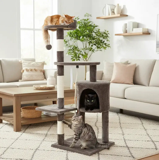 Arbre à chat marron foncé robuste et stable multi-niveaux avec griffoirs en sisal, condo rembourré et jouets suspendus, idéal pour plusieurs chats.