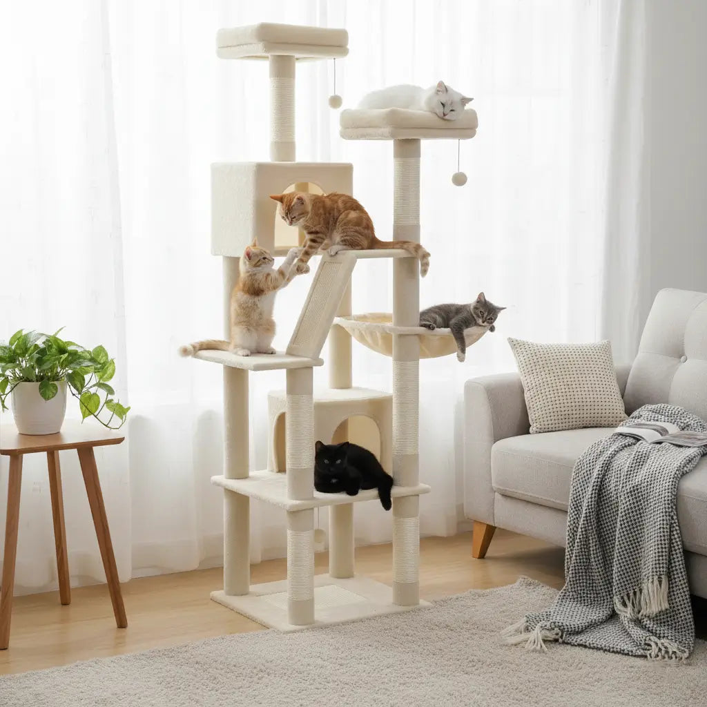 Arbre à chat XXL beige multi-niveaux pour gros chats dans un salon cosy, stable et confortable, idéal pour Maine Coon et foyers multi-chats.
