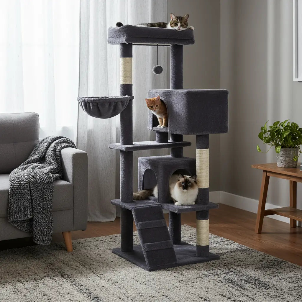 Arbre à chat XXL gris anthracite pour gros chats Ragdoll et Maine Coon, stable et design, trois chats adultes jouent dans un salon moderne.