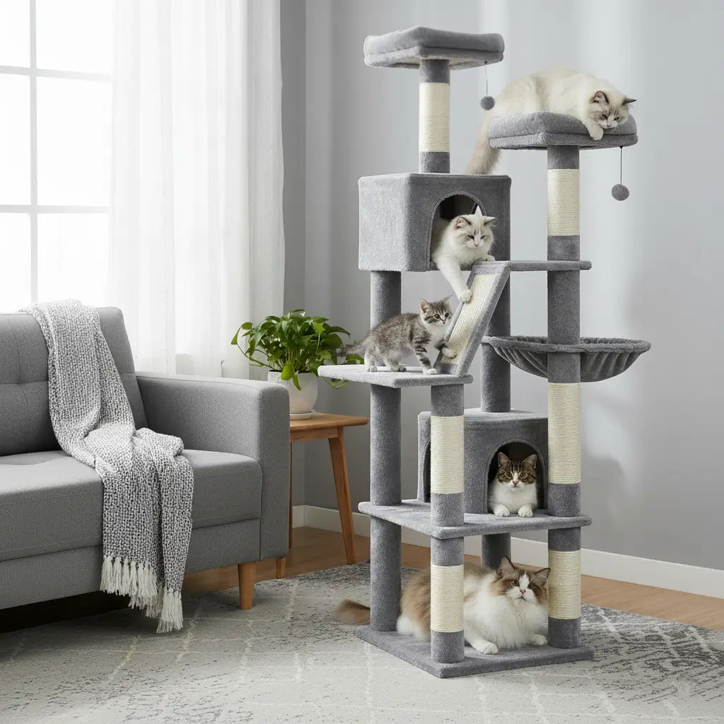 Arbre à chat XXL gris clair pour Maine Coon, structure stable et spacieuse pour 5 grands chats adultes.