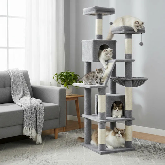 Arbre à chat XXL gris clair pour Maine Coon, structure stable et spacieuse pour 5 grands chats adultes.