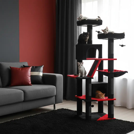 Arbre à chat XXL noir et rouge de luxe, robuste et design, accueillant 5 chats adultes dans un espace de jeu stable.