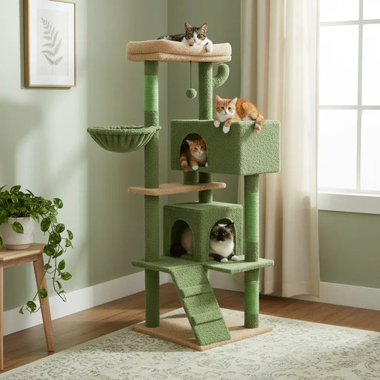 Arbre à chat XXL vert mousse stable et design pour gros chats Maine Coon, trois félins se détendent dans un salon chaleureux.