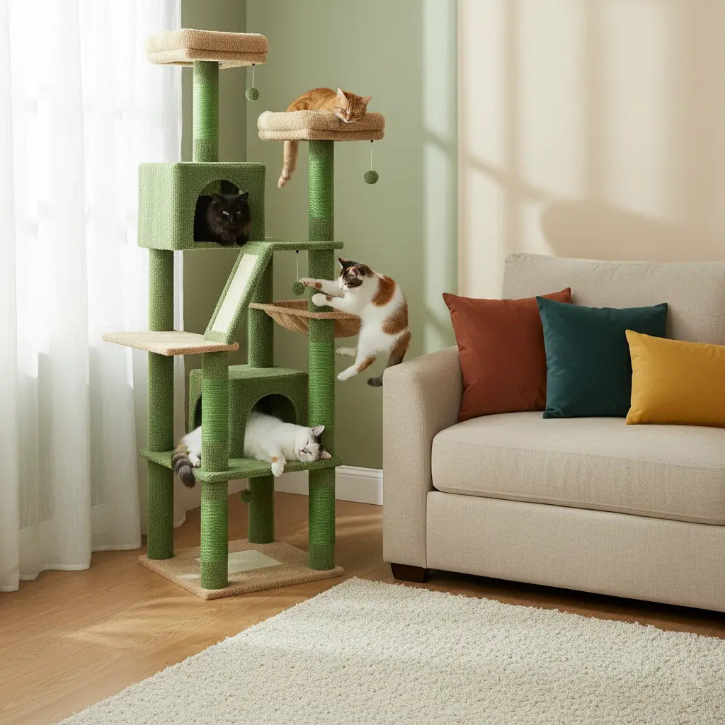 Arbre à chat XXL vert multi-niveaux avec pompon suspendu, 4 chats dont un joueur et trois au repos sur les plateformes.