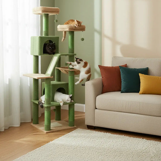 Arbre à chat XXL vert multi-niveaux avec pompon suspendu, 4 chats dont un joueur et trois au repos sur les plateformes.