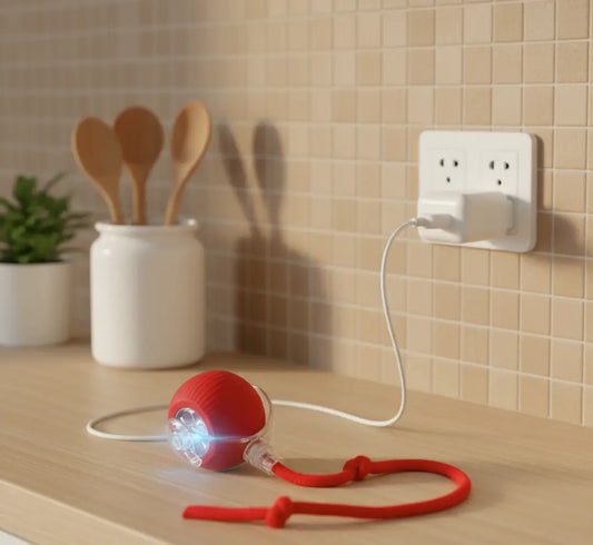 Balle automatique pour chat rechargeable en USB, jouet interactif facile à charger dans une cuisine cosy, autonomie pensée pour occuper le chat même en ton absence.