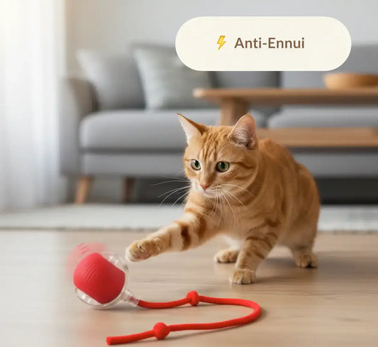 Balle automatique pour chat rouge, jouet interactif qui roule au sol, un chat roux d’intérieur joue activement et tente de l’attraper dans un salon cosy pour lutter contre l’ennui.