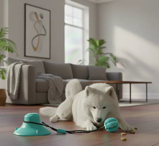 Balle de fouille chien bleue favorisant l’enrichissement mental et la concentration d’un samoyède curieux
