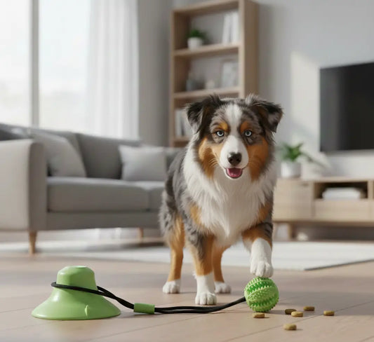 Balle de fouille chien verte utilisée par un berger australien pour stimuler sa réflexion et faire sortir les croquettes en intérieur