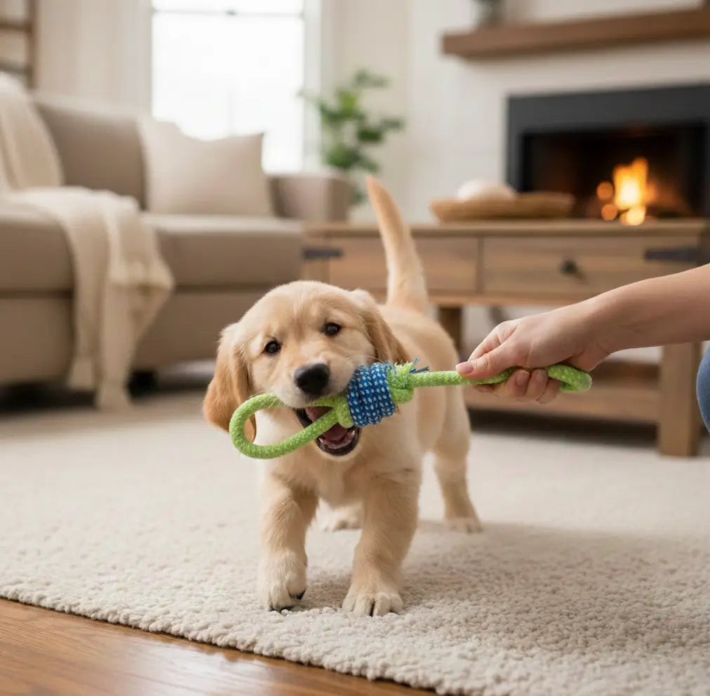 Chiot mordillant une balle double anse tenue par son maître, jouet de traction parfait pour chiot énergique, renforcer la mâchoire et créer du lien.