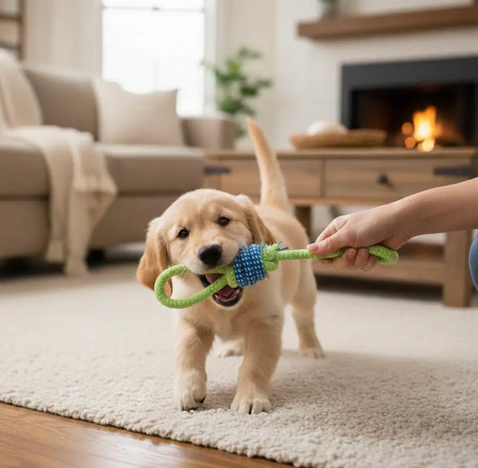 Chiot mordillant une balle double anse tenue par son maître, jouet de traction parfait pour chiot énergique, renforcer la mâchoire et créer du lien.