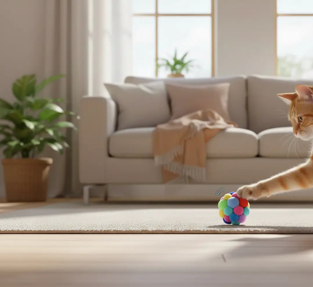 Balle en peluche pour chat adulte avec clochette intégrée, jouet interactif sensoriel qui encourage le jeu autonome et l’attention en intérieur.