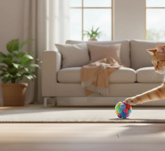 Balle en peluche pour chat adulte avec clochette intégrée, jouet interactif sensoriel qui encourage le jeu autonome et l’attention en intérieur.