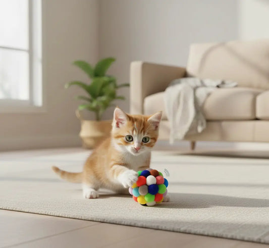 Balle en peluche pour chat utilisée par un chaton d’intérieur, jouet interactif sensoriel léger idéal pour stimuler le jeu en douceur dans un salon cosy.