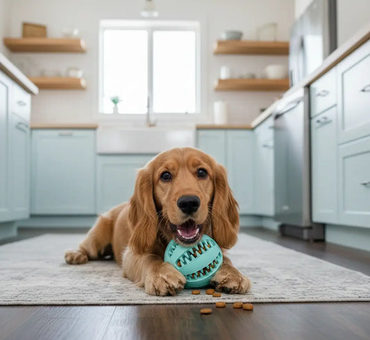 Balle friandise chien anti-glouton bleue utilisée par un Cocker Anglais pour ralentir les repas à la maison